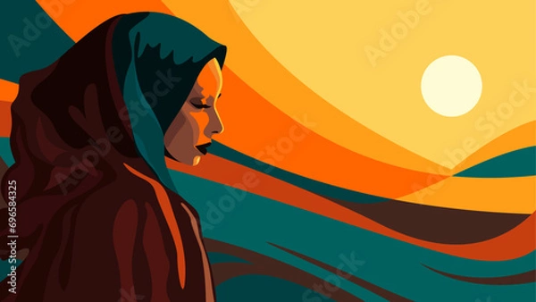 Obraz Bold vector illustration of an Islamic woman in hijab in front of an abstract horizon and sunset.