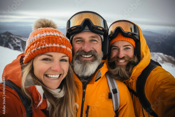 Fototapeta Group of young tourists taking selfie against the backdrop of snowy mountain tops. Cheerful diverse travelers in winter outwear spend vacation together hiking and skiing.