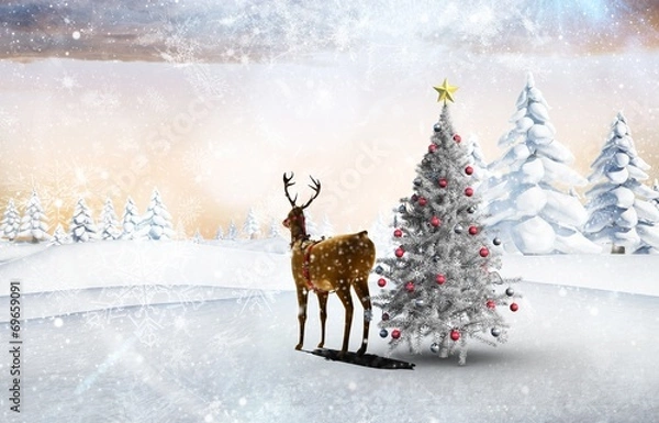 Obraz Composite image of christmas tree and reindeer