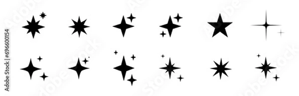 Obraz Minimalist silhouette Star icons, star shape vector set. Abstract y2k sparkles. Twinkling stars, abstract sparkle black silhouettes symbol shining burst. Vector