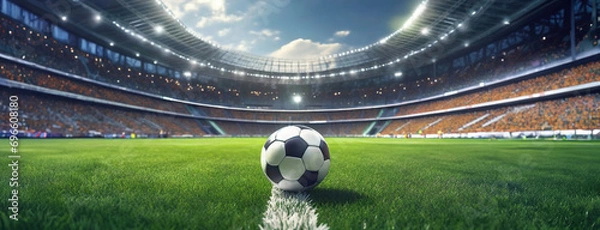 Fototapeta Soccer Ball in a Stadium with Lights. A classic black and white soccer ball on green grass in the center of a stadium, illuminated by spotlights