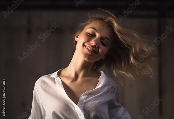 Fototapeta Joyful young blond woman having fun, dancing with happy smiling face and relaxed emotion