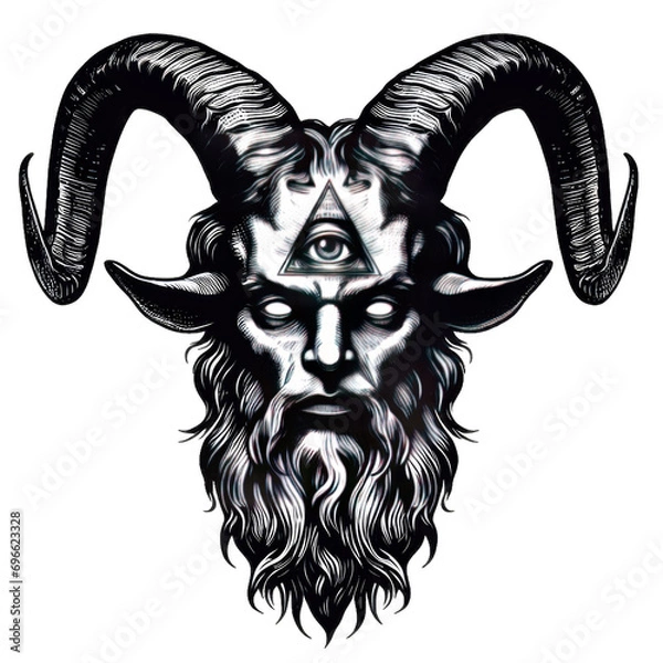 Obraz baphomet with horns and eye of proivdence black and white tattoo design concept art on transparent background