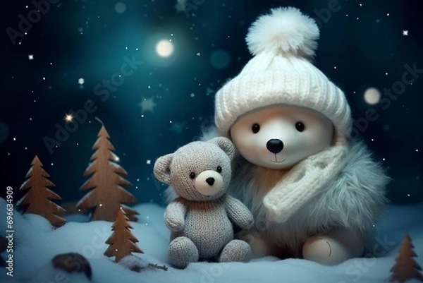 Fototapeta Very cute little snowman and teddy bear close up, christmas, snow, moon stars, garland, tree with generative ai
