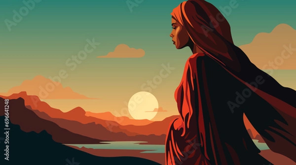 Obraz A beautiful woman in a red cloak with a headdress standing in front of an epic desert sun setting behind the mountains.