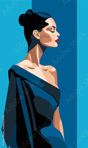 Obraz Woman in a fashionable blue couture dress in front of a simple abstract background.