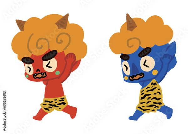 Obraz 逃げる赤鬼と青鬼_手描きのイラスト
