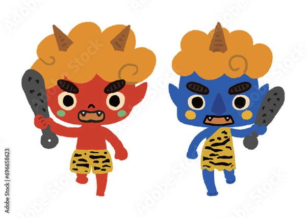 Obraz 金棒を持つ赤鬼と青鬼_手描きのイラスト
