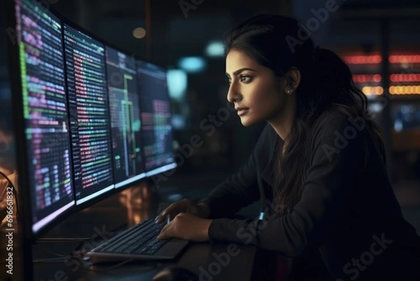 Fototapeta Young woman working with computer systems in a high tech office environment