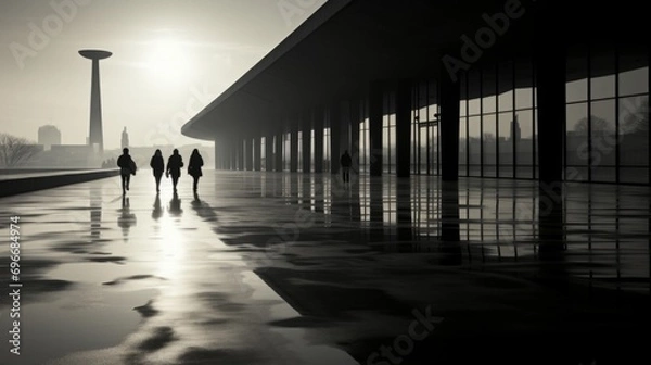 Fototapeta Silhouetted Figures Walking in Modern Architecture Corridor at Sunset