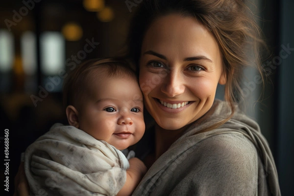 Fototapeta Bright image of a happy mother holding a sleeping baby in her hands