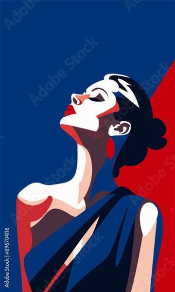 Obraz Stylized vector illustration of a woman in a blue dress in front of an abstract minimalist background.