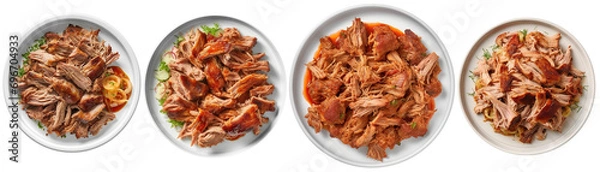 Fototapeta top view of plates with pulled pork