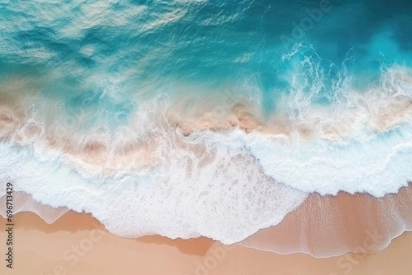 Fototapeta Aerial view of beautiful sandy beach and turquoise ocean wave, Aerial view capturing a beautiful sandy beach and ocean wave, taken by a drone, AI Generated