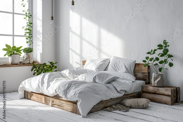 Fototapeta Minimalistic bedroom with filled with natural light