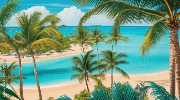Fototapeta A Top-View Symphony of Palm Trees, Ocean Waves, and Sandy Shores Creating a Breathtaking Beachscape.