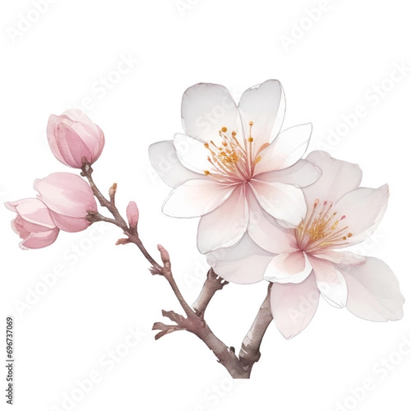 Fototapeta Cherry blossom or sakura branch isolated on white background. Spring Flowers. Watercolor illustration.