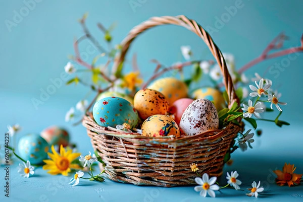 Obraz Wicker basket with flowers and easter eggs on light blue background