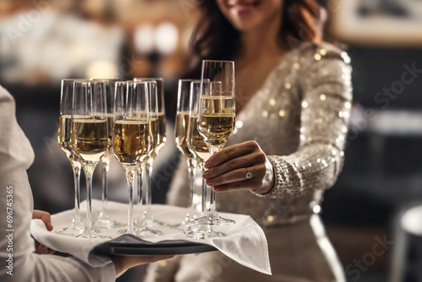 Fototapeta A bartender holds a plate with pink champagne and a woman in a cocktail dress takes one of the glasses at an event, party or wedding