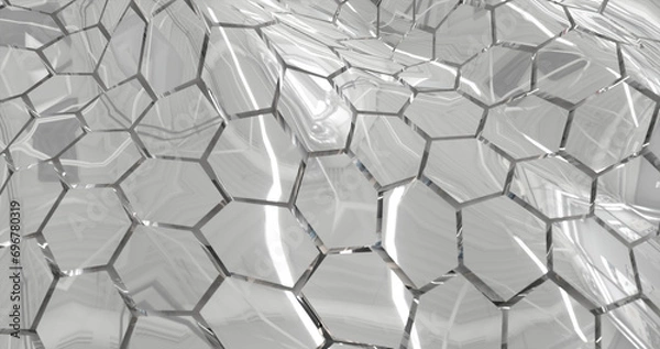 Fototapeta Abstract metallic silver chrome shiny cells hexagons with waves background