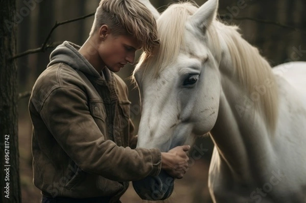 Fototapeta Tender Man touching horse. Emotion ranch. Generate Ai