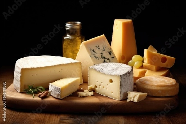 Obraz A block of cheese with slices on a wooden board, with herbs in the backdrop.