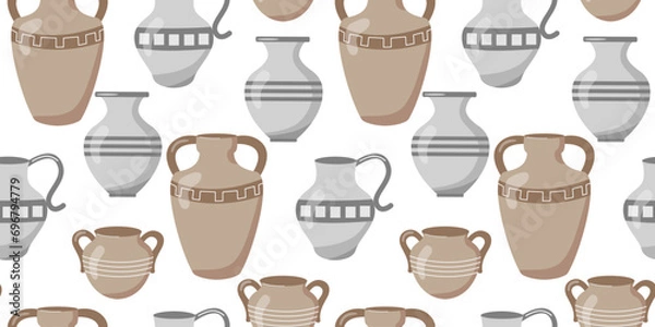 Obraz Seamless Pattern with Ancient Greek Vases and Jars Set. Ceramic Vases Collection. Cartoon Vector Print. Antique Style Pottery Clay Jars