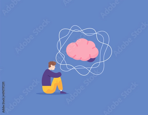 Fototapeta A depressed and stressed man. a lot of thoughts or overthinking. A man is sitting and is anxious or uneasy. mental health. illustration concept design. graphic elements. Vector