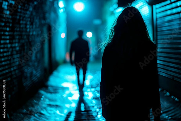 Fototapeta A woman being followed by a man in a dark alley at night. Concept of crime and assault against women.

