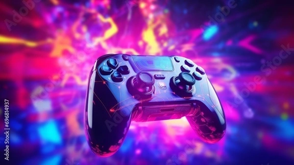 Fototapeta Video game controller in front of a colorful background with lights and flares