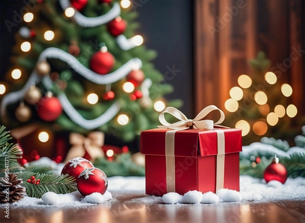 Obraz Christmas and New Year background with red gift box, decorated ribbons, cones, bokeh lights and Christmas tree in room