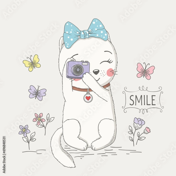 Obraz Cute cat girl photographer with camera. Hand drawning vector illustration for print design