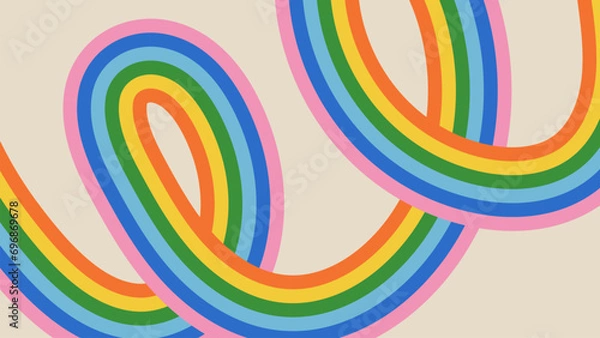 Fototapeta Groovy abstract rainbow stripes on beige background. Retro vector backdrop in 60-70s hippy style. Vintage hand drawn design