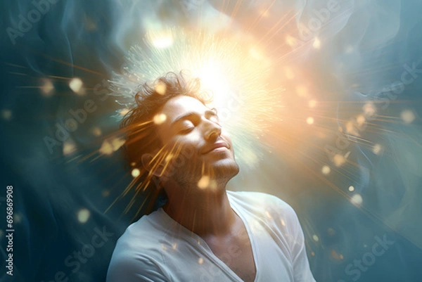 Obraz A man meditates and smiles. A person blossoms under the rays of light emanating from his heart, expressing inner harmony.