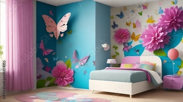 Fototapeta interior of a room: Cartoon Flowers and Butterflies Transforming Spaces