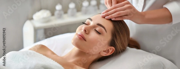 Fototapeta Woman Receiving a Relaxing Spa Facial Treatment. A tranquil scene of a woman lying down, receiving a soothing facial massage in a serene spa setting with soft lighting