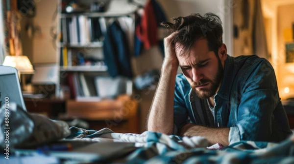 Fototapeta Struggling with ADHD - tired man in a busy and unorganized room struggling to leave home Gen AI