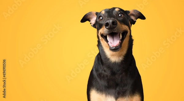 Fototapeta Happy smiling black and brown dog isolated on yellow background studio shot