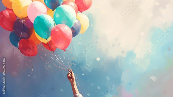 Fototapeta hand catch many baloons flying sky scream on the colored background.hand holding multicolor balloons