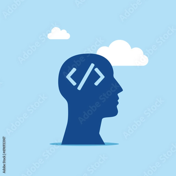 Fototapeta Hole in a head in the shape of coding program. API, application programming interface, between software. Flat vector illustration.