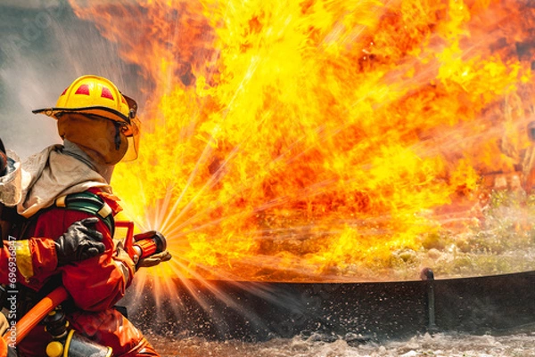Fototapeta firefighter train fireman team extinguish spraying fire gas explosion. Fire fighter learning stop fire burn under emergency case gas explosion. rescue service of Emergency gas explosion extinguish.