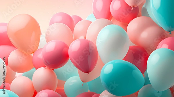 Fototapeta Colorful celebration balloons in coral, pink and aqua colors, colorful background, festive background