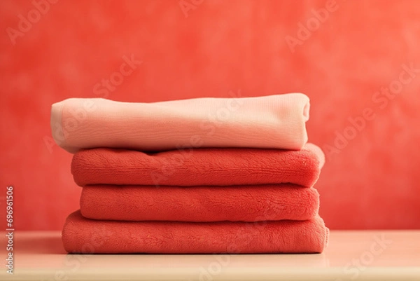 Fototapeta towels fleecy red colors stacked on countertop against pastel-colored wall background