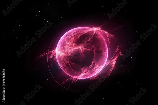 Fototapeta planet pink fictional abstract in dark space with dots of stars