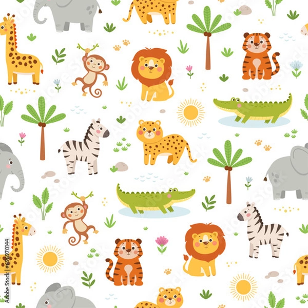 Fototapeta Seamless pattern with wild safari animals: lion, tiger, elephant, leopard, giraffe, zebra, crocodile, monkey on white background. Cute cartoon animal characters for kids. Vector illustration