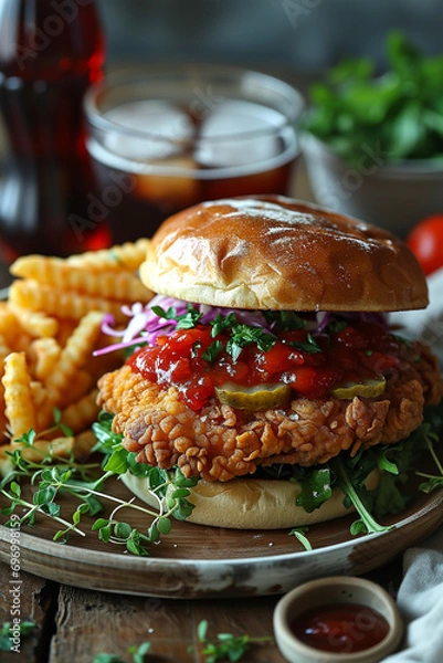 Fototapeta Delicious Chicken Sandwhich with Fries and Soda