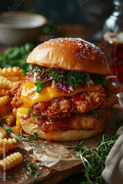 Fototapeta Delicious Chicken Sandwhich with Fries and Soda