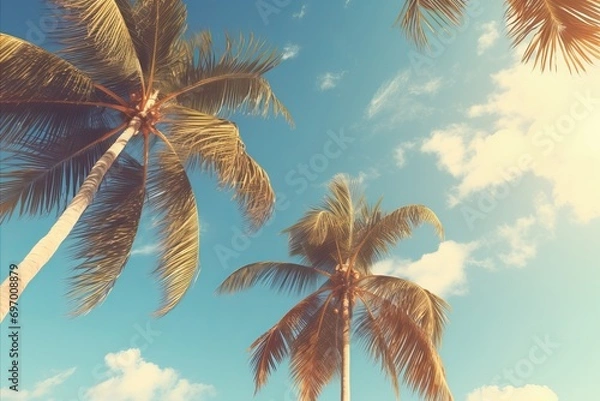Fototapeta Vintage Tropical Beach. Palm Trees Under Blue Sky, Retro Style Summer Background Viewed From Below