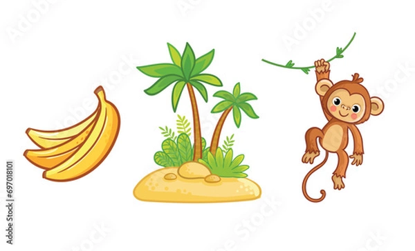 Fototapeta Set of cute monkey character, palm trees, bananas. Wild animal and their homes, favorite food in cartoon style.