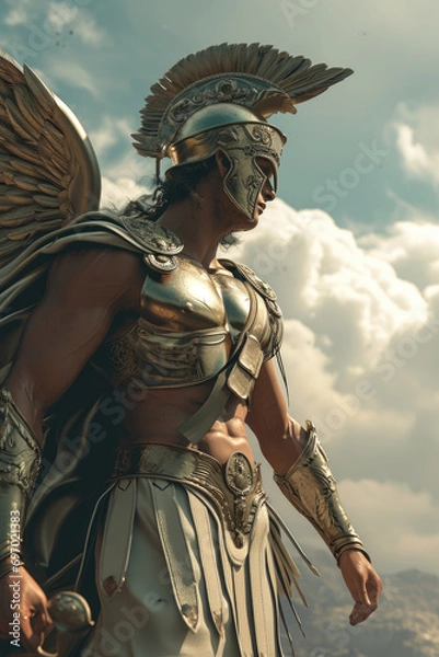 Fototapeta Hermes - Greek god in a half-body shot with a background reflecting his domain or personality Gen AI